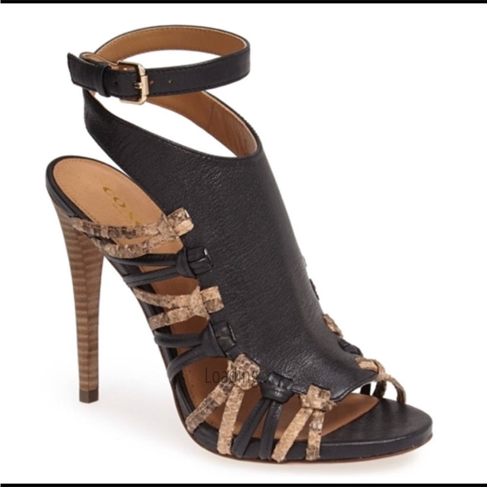 Coach Black Leather Ankle-Strap High Heels  Snake-Print Shoes